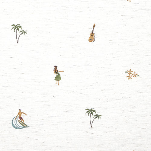 Fula（フラ）麻混生地に散りばめた波やヤシの木の多色刺繍