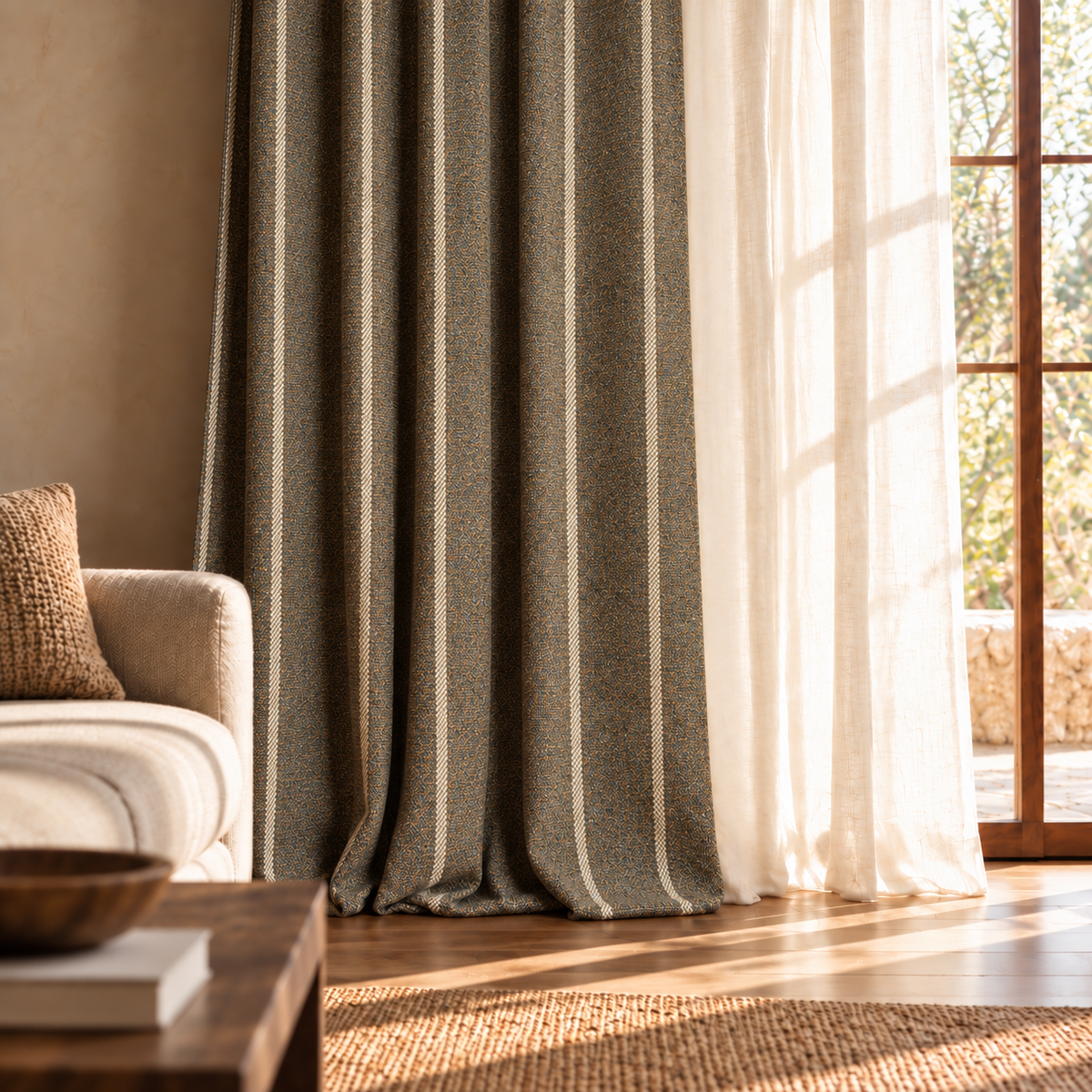 尾州の秋をイメージしたカーテンのある室内